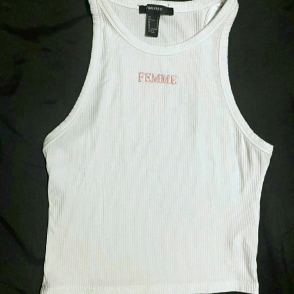 Forever 21 White ribbed cropped embroidered femme tank